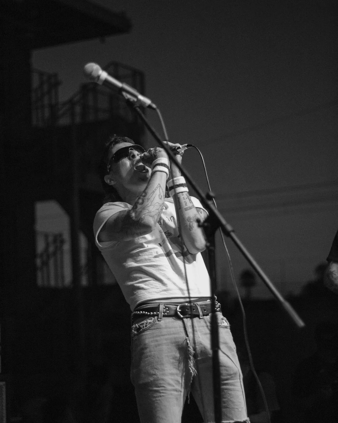 Black and white singer at the mic